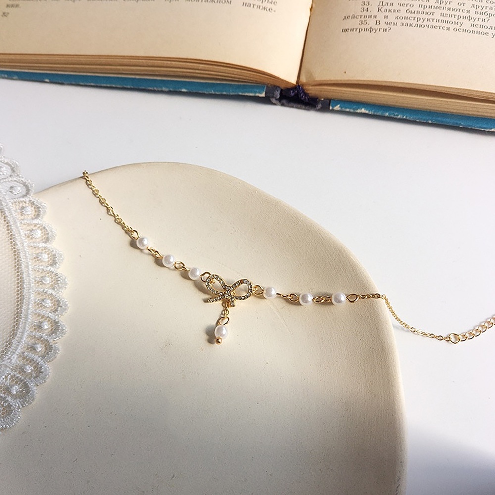 Tiny Bowknot bracelet, crystal pearl bracelet, golden chain bracelet, Adjustable